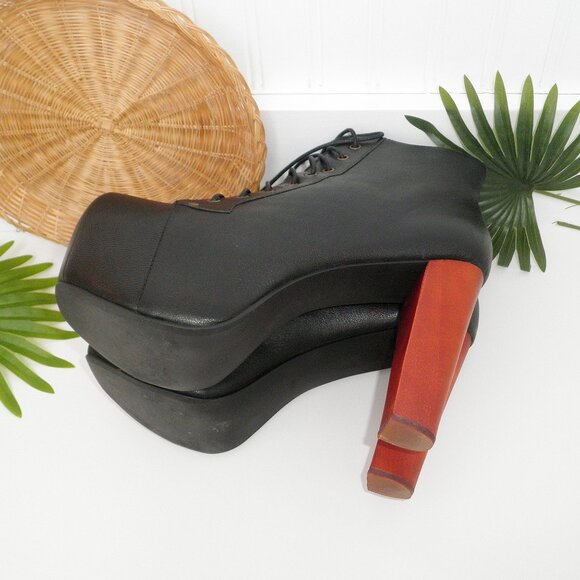 Jeffrey Campbell LITA Platform Heeled Lace-Up Bootie Black Wood Heels 11M Drag - Picture 5 of 15